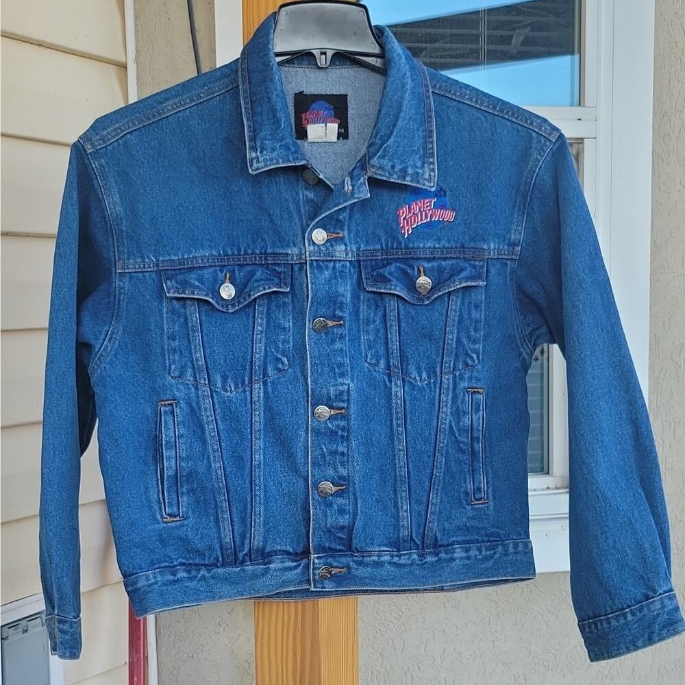 Vintage 90s Planet Hollywood St. Louis Denim Trucker Jacket Embroidered Logo - Picture 2 of 10